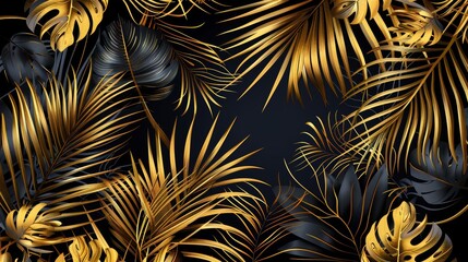 Stunning gold and black tropical plants background modern. Gold tropical palm with coconut tree on a white background, split-leaf Philodendron plant and jungle plants. - obrazy, fototapety, plakaty