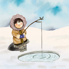 Watercolor eskimo illustration - obrazy, fototapety, plakaty