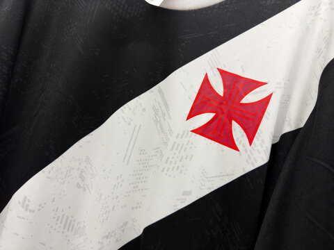 Macro closeup of the official t-shirt of the football club, Vasco da Gama from Brazil. Rio de Janeiro, RJ, Brazil. 07 April 2024