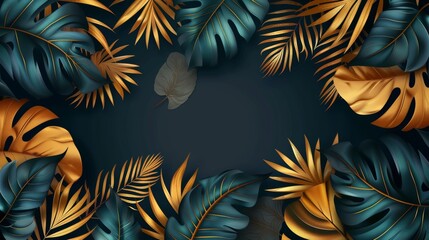 Modern art mural wallpaper with tropical leaves. Black and gold background. Printed on a shiny gold texture. Modern illustration.