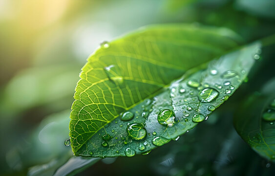 Eco Concept. Close-Up Photo of Water Droplet on Green Leaf