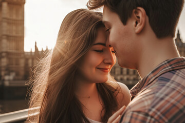 A man and a woman are standing next to each other near Big Ben in London. They are casually dressed, looking towards the iconic clock tower