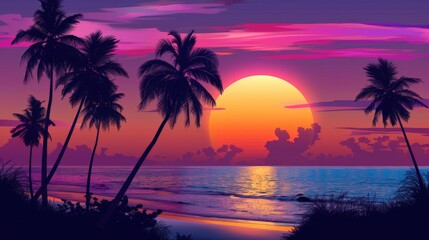 Fototapeta na wymiar Sunset over ocean with palm trees