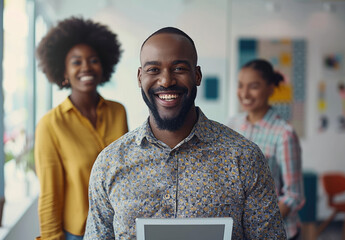 Portrait of a happy man with a digital tablet standing in front of his female coworker working at the office, laughing and smiling while looking at the camera