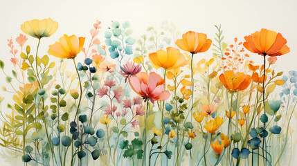 Watercolor paintings of colorful flowers in nature.
