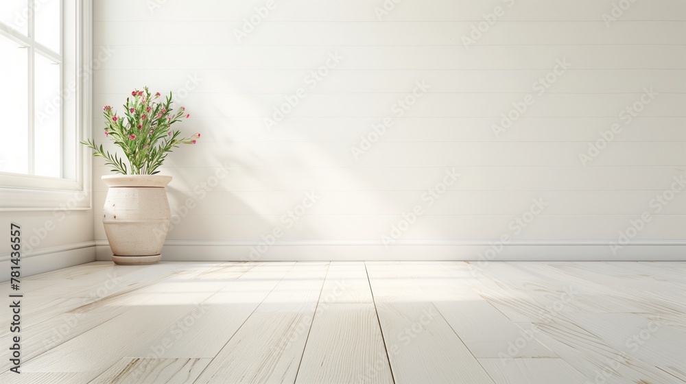 Aufkleber a white room with a large window and a white vase with flowers in it. the room is empty and has a cl