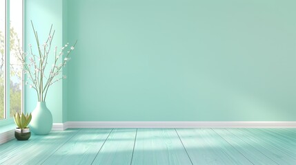 A large, empty room with a green wall and a white floor. A vase with flowers sits on a table in the room
