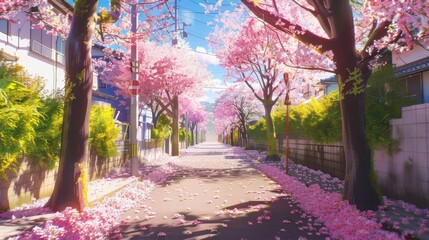 Scenic view of a street with cherry blossoms in full bloom. Springtime in urban setting. Sakura season landscape for wallpaper and poster design