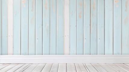 A blue and white wall with wooden panels. The wall is empty and has a wooden floor