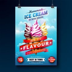 Delicious Ice Cream Flyer Design with Classic Taste Sundaes on Blue Cloudy Sky Background. Vector Summer and Business Theme Illustration with Text Label for Postcard, Banner, Flyer, Greeting Card