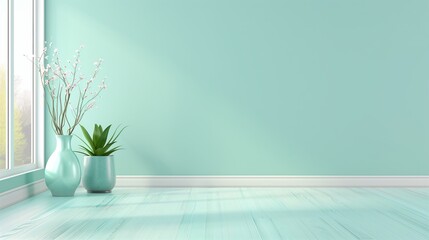 A large, empty room with a green wall and a white trim. A vase with a plant sits on the floor