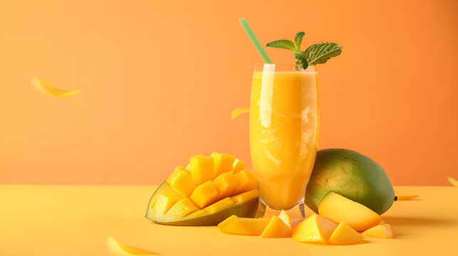 A glass of mango margarita with sliced fresh mango fruit and tropical flowers and drinking straw on juicy yellow background, Creamy tropical drink, mango smoothie ,Mango drink banner copy space