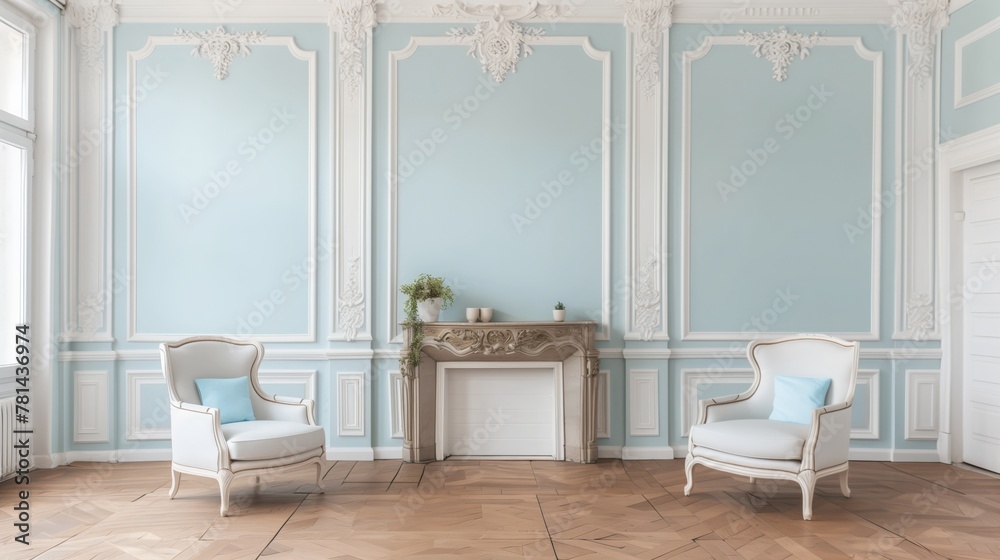 Poster A room with two white chairs and a fireplace. The room is empty and has a very clean and elegant look