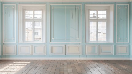 A large room with white and blue walls and wooden floors. The room is empty and has a clean, modern look