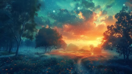 Digital art of a starry night over a flower-filled meadow at sunset. Magical outdoor landscape concept. Dreamy nature scene for wallpaper and game background