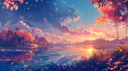 Fototapete Rund Animated autumn scenery with falling leaves and a lake at sunset. Seasonal game environment concept. Fantasy landscape illustration for virtual background © Tatyana
