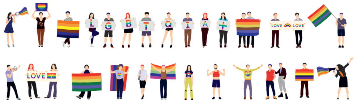LGBT community. Group of happy people at LGBTQ pride with flags. Sexual freedom and love diversity concept. Gays, lesbians and queer people. Flat vector illustration isolated on white background 