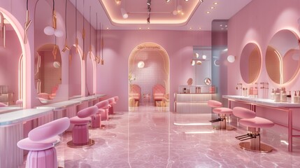Elegant pink beauty salon interior with styling stations and hanging lights. 3D illustration of a luxurious hair salon with mirrors and chairs. Design concept for advertising, posters