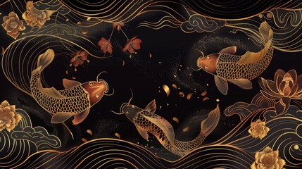 Oriental style background modern with Sakura flower, ocean wave, and koi carp fish in a luxury style. This design is a modern illustration with a Chinese oriental style. - obrazy, fototapety, plakaty