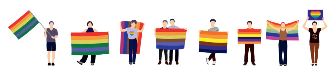 LGBTQ parade. People holding rainbow flag and placards. Gay love pride, sexual discrimination protest vector concept. Illustration of gay, lesbian, homosexual community