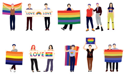 Crowd of people taking part in pride parade. Men and women at street demonstration for LGBT rights. Group of gay, lesbian, bisexual, transgender activists. Colorful vector illustration in flat style.