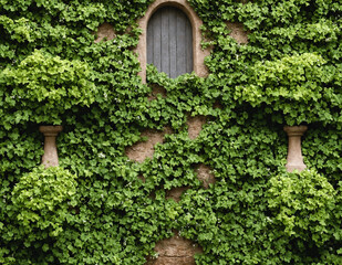 Fototapeta na wymiar Window in stone wall - macro greenery background.