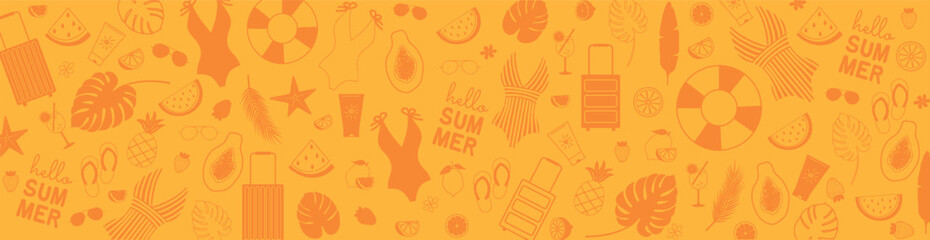 Summer background with icons of fruits, swimsuits, sunglasses, spf. Beach theme banner. Vector illustration in orange color - obrazy, fototapety, plakaty