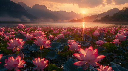 A field of pink flowers with a beautiful sunset in the background - obrazy, fototapety, plakaty