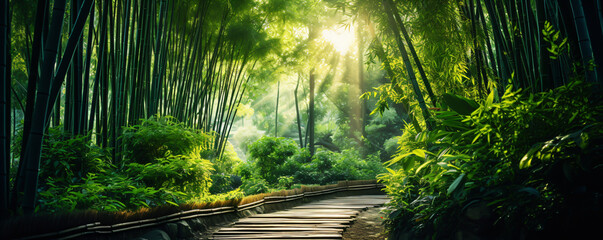 Walkway through dense bamboo forest, tranquil and verdant oasis.
