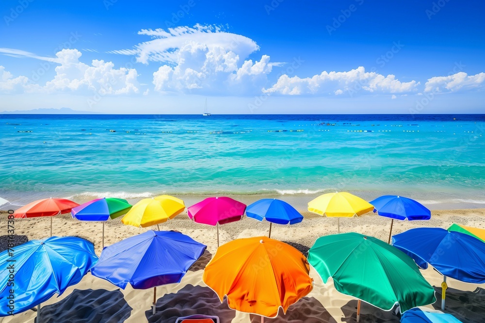 Poster a beach scene with many colorful umbrellas and a blue sky. scene is cheerful and inviting, as the co