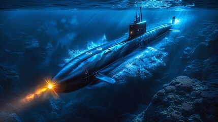 A sleek, metallic submarine navigating deep blue ocean waters, launching a bright trail underwater - obrazy, fototapety, plakaty