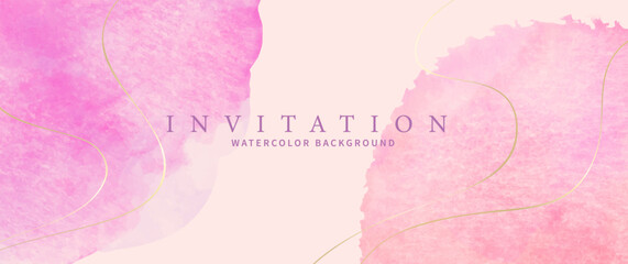 Pink vector watercolor art background with isolated brushstrokes and gold lines for cards, flyers, poster, cover design, invitation. Aged watercolor texture wallpaper.