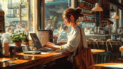 A side view of a busy cafe, with a person deeply engrossed in typing on a laptop amidst the ambient chatter and coffee aroma