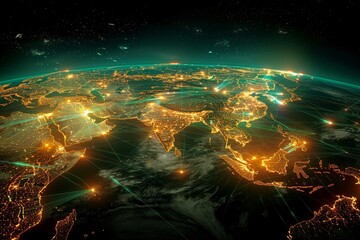 Abstract digital art of the Earth with glowing trade routes and nodes symbolizing major economic centers - obrazy, fototapety, plakaty