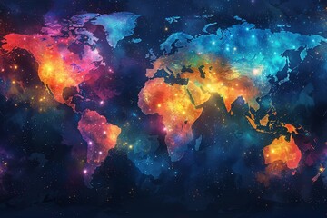 Cosmic watercolor map of the world - the earth's nations in stellar art form.