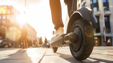 A person is riding a scooter on a sidewalk in a city. The sun is shining brightly, creating a warm...