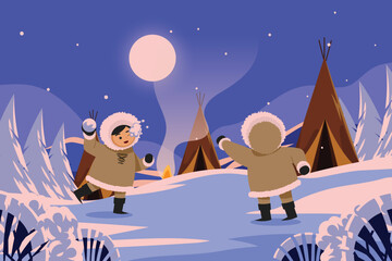 Flat winter eskimo illustration - obrazy, fototapety, plakaty