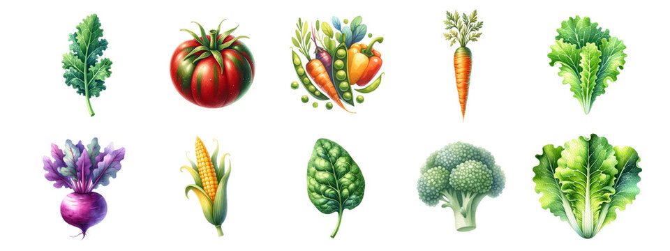 Various watercolor vegetables on a white background