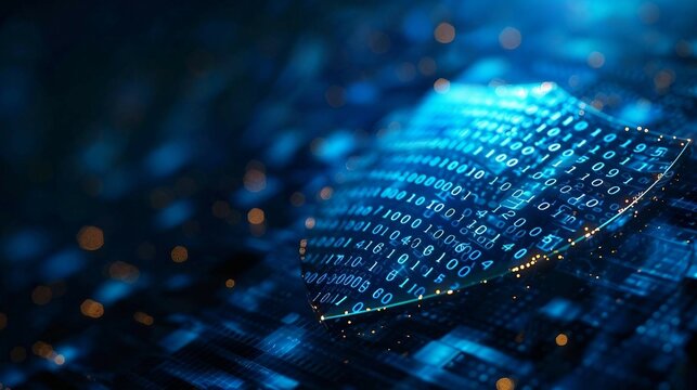 digital blue guard shield icon with glowing binary code, AI in security defense systems, threat detection algorithms, access control mechanisms, and real-time surveillance monitoring.                
