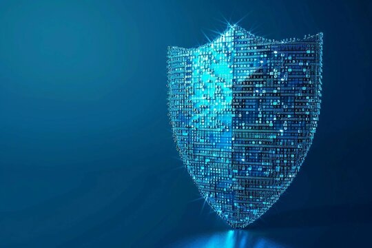 digital blue guard shield icon with glowing binary code, AI in security defense systems, threat detection algorithms, access control mechanisms, and real-time surveillance monitoring.                
