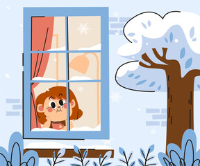 Flat winter window illustration