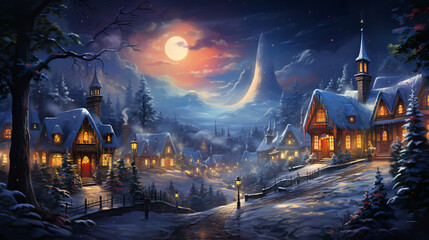 Starry Christmas night in a Christmas village. The village is in a snow-covered valley, and the houses are decorated with twinkling lights. Christmas tree stands in the center of the village. - obrazy, fototapety, plakaty