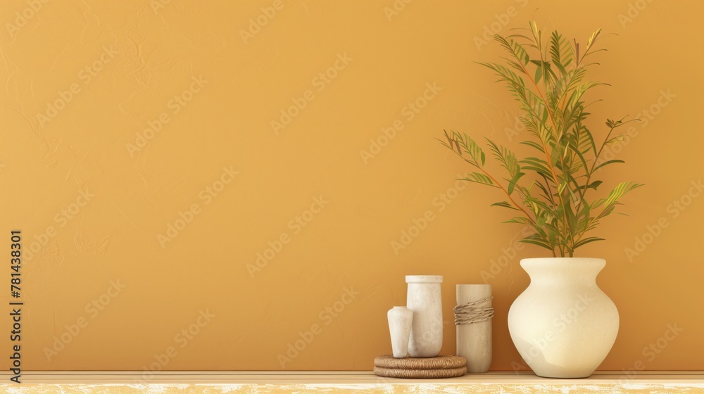 Aufkleber a white vase with a plant in it sits on a shelf in front of a yellow wall