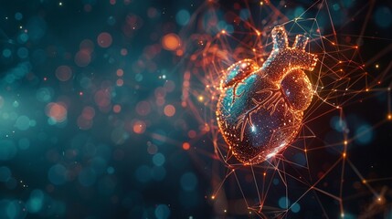 An ethereal network of glowing, interconnected nodes, with one node in the shape of a heart, depicting the interconnectedness of medical records and cybersecurity - obrazy, fototapety, plakaty