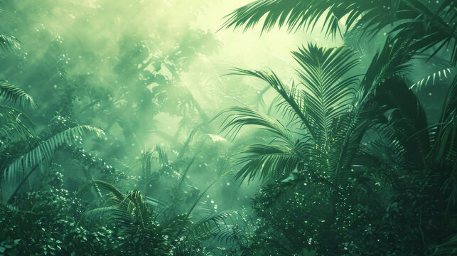 A lush green jungle with a misty atmosphere