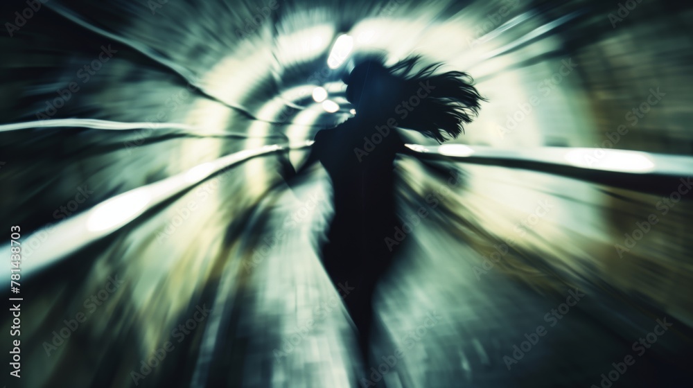 Poster a blurry image of a woman running through a tunnel. the image has a sense of motion and energy, as i