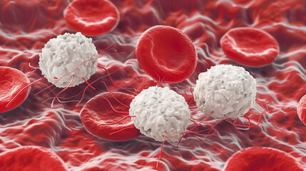 White blood cell and red blood cell in blood stream, 3D illustration