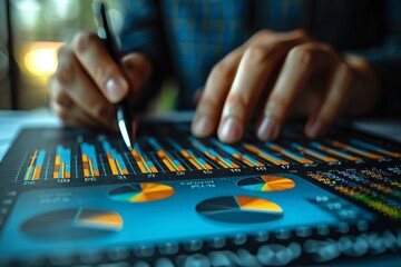 Fototapeta premium Strategic financial analysis with stacked coins and pen on business documents