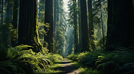 Path in a forest with trees and ferns. The path is surrounded by trees and ferns, and the sun is...