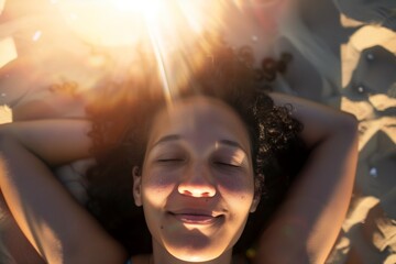 A woman is laying on the beach, smiling and enjoying the sun. Concept of relaxation and happiness